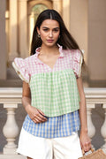 Glorol - Plaid V-Neck Sleeve Patchwork Loose Top