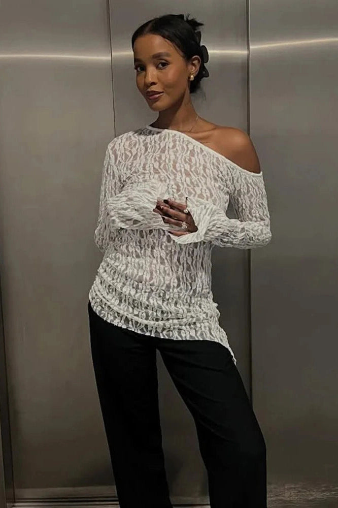 Glorol - Lace See-Through One-Shoulder Printed Top