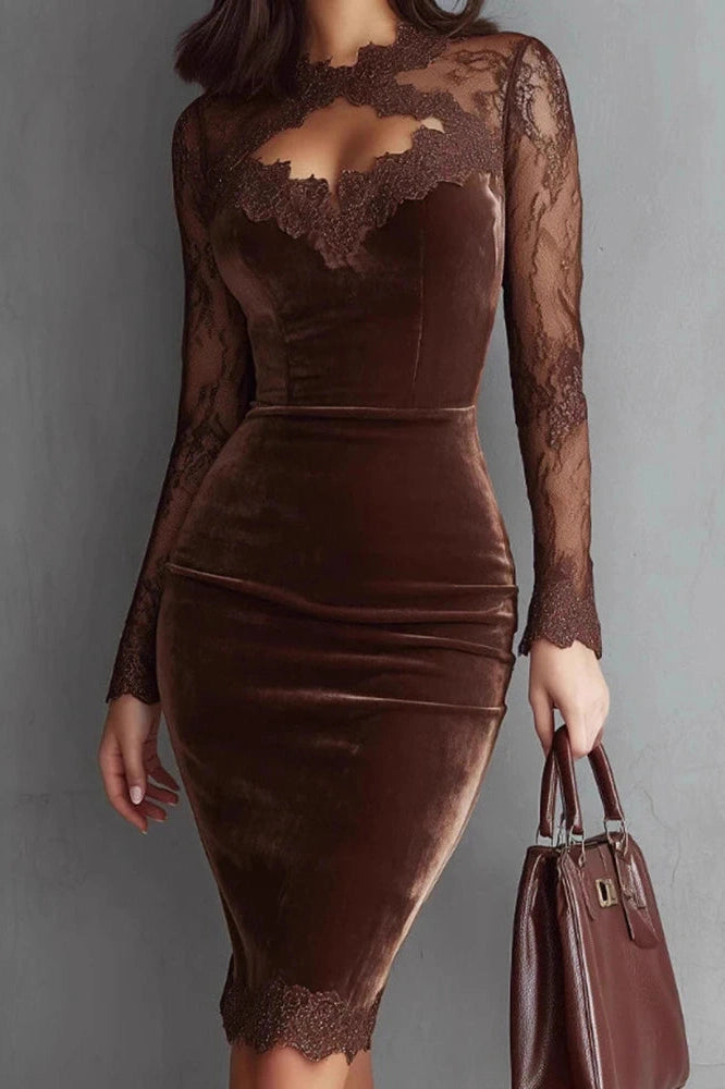 Glorol - Lace Hollow Out See-Through Sleeve Slim High Waist Midi Dress
