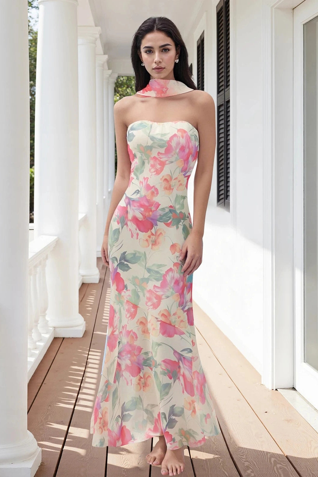 Glorol - Printed Strapless Backless Bodycon Slim Maxi Dress
