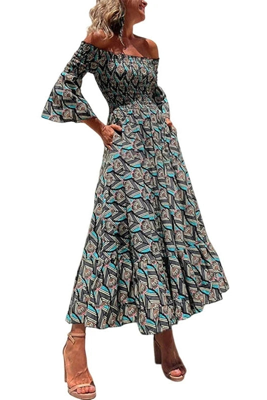 Glorol - Printed Long Sleeve High Waist Pleated Midi Dress