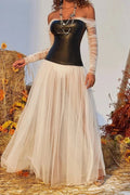 Glorol - Off Shoulder Pleated High Waist PU Leather Maxi Dress