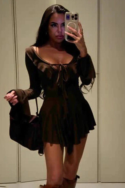 Glorol - Deep V Neck Long Sleeve Slim Mini Dress