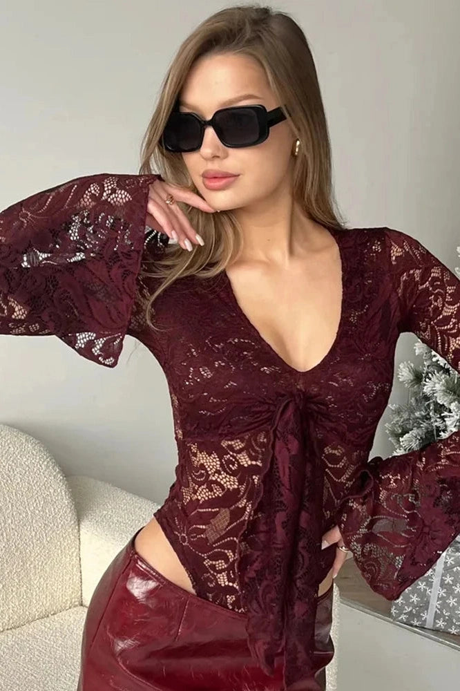 Glorol - Lace Sheer V-Neck Twist Splicing Jumpsuit