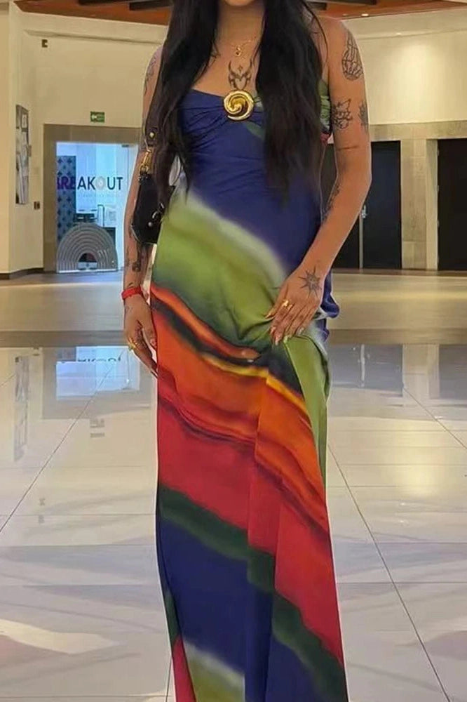 Glorol - Elegant Printed Sleeveless Slim V-Neck Backless Maxi Dress