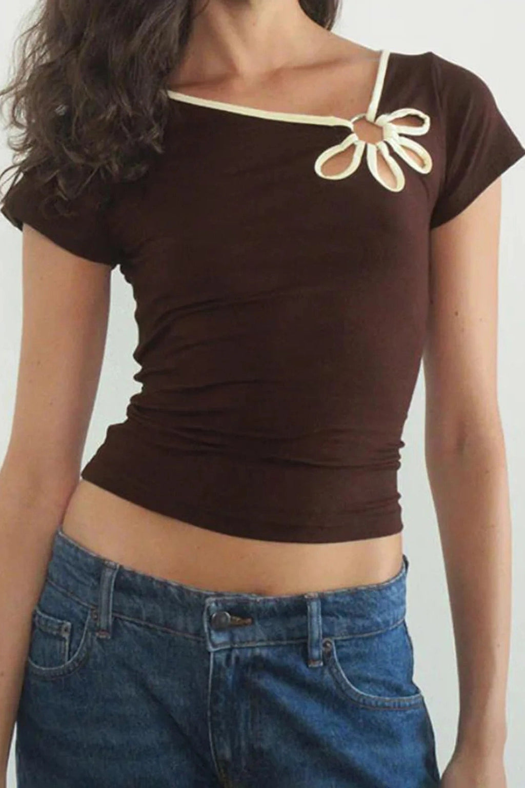 Glorol - Hollow-Out Short Sleeve Slim Fit Top