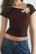 Glorol - Hollow-Out Short Sleeve Slim Fit Top
