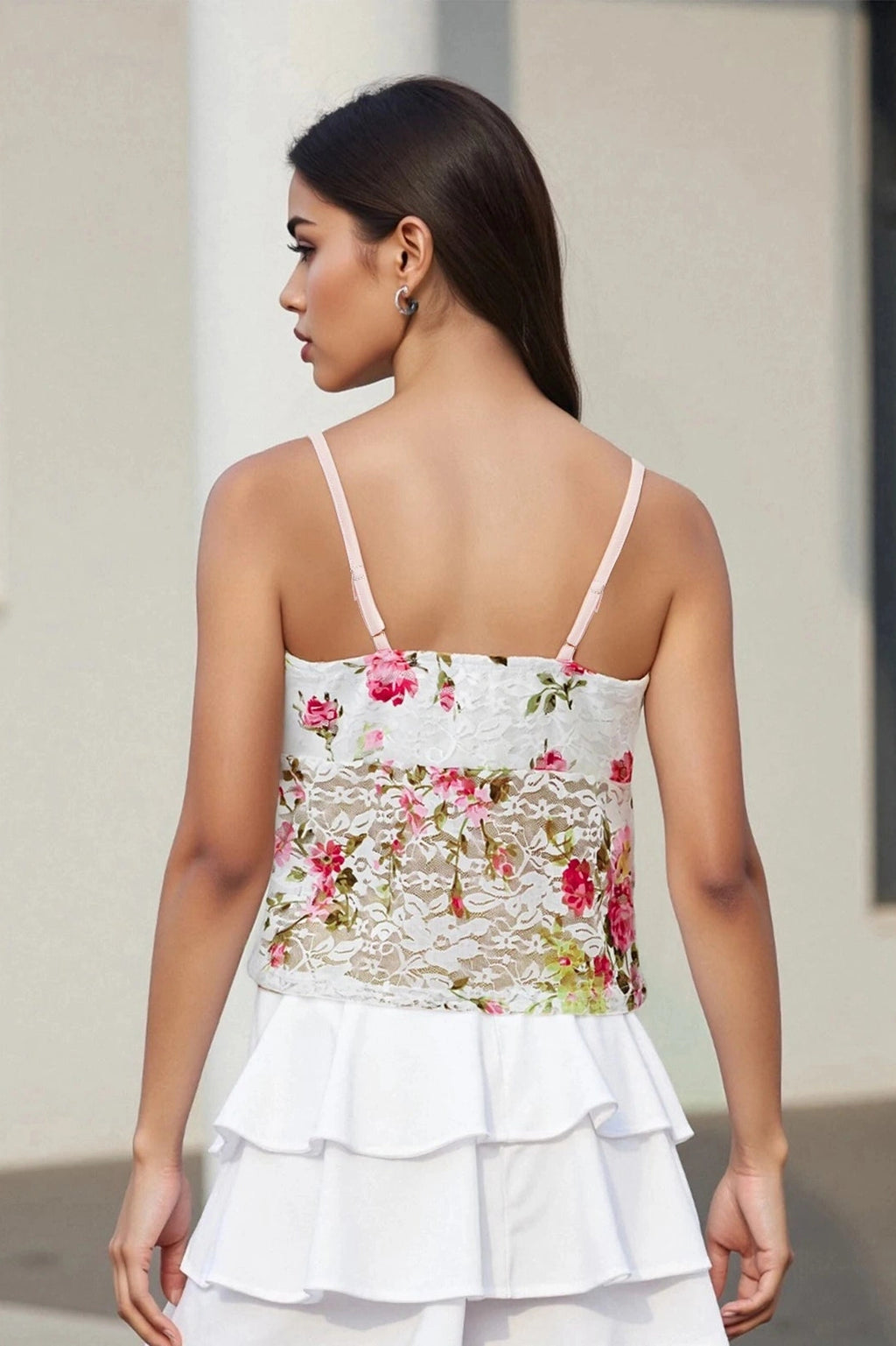 Glorol - Floral Print Spaghetti Strap V-Neck Tie Split Top