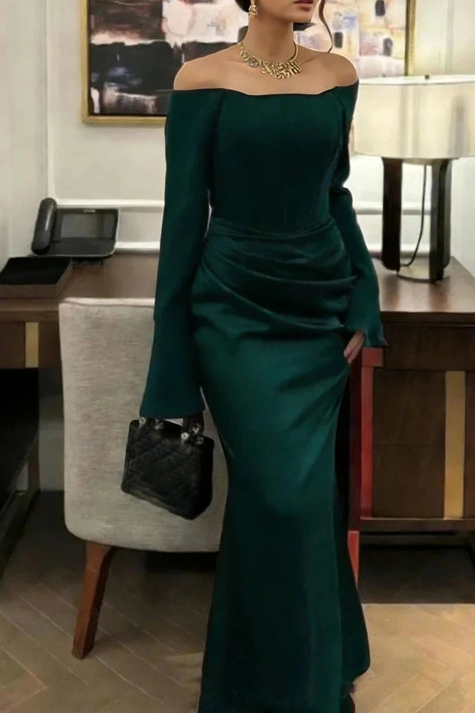 Glorol - Elegant Off-Shoulder High Waist Pleated Maxi Dress