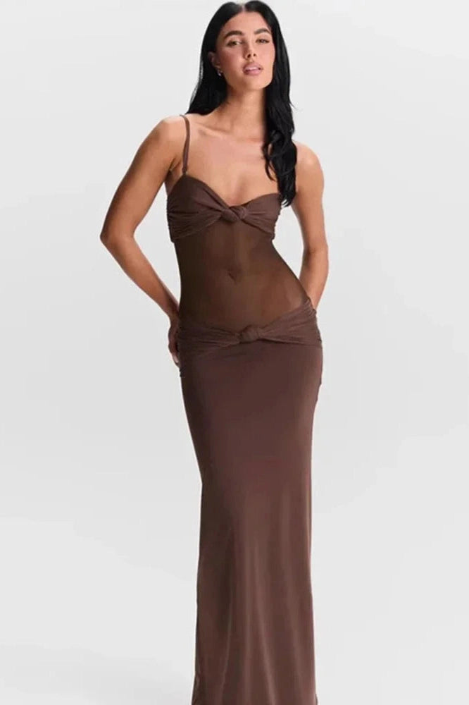 Glorol - Elegant Spaghetti Strap Backless See-Through Maxi Dress