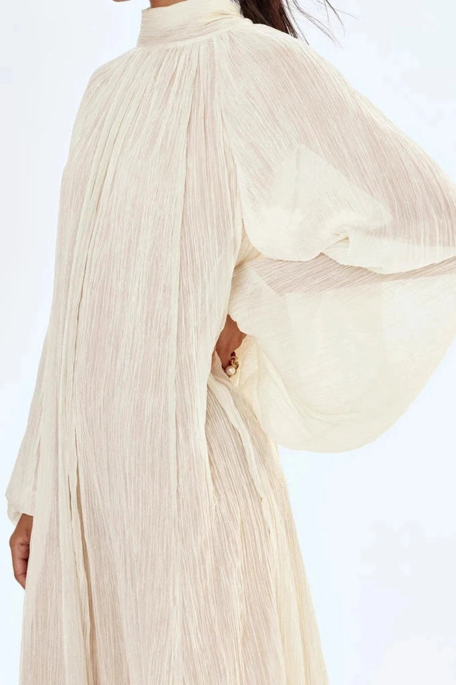 Glorol - Elegant Pleated O-Neck Long Sleeve Loose Maxi Dress