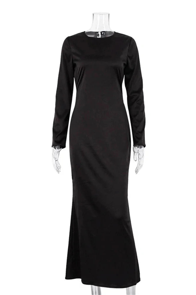 Glorol - Hollow Out High Waist Slim Long Sleeve Zipper Maxi Dress