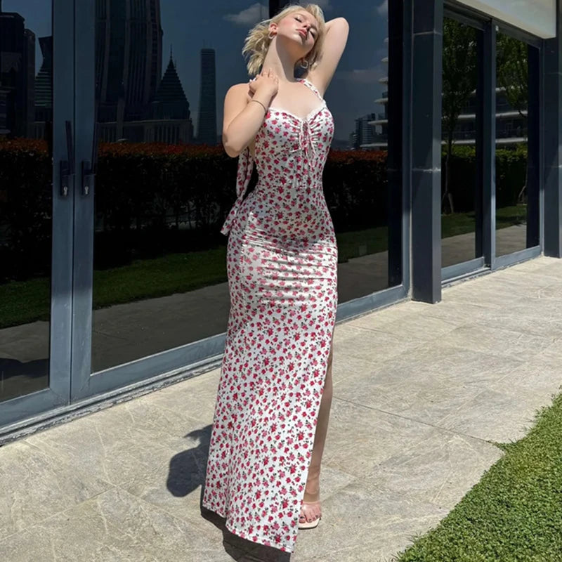 Glorol - Printed Sleeveless Backless Slit Maxi Dress