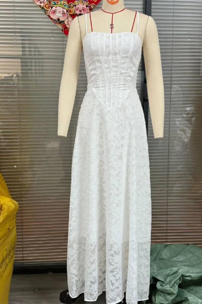 Glorol - Elegant High Waist Pleated Sleeveless Lace Embroidery Maxi Dress