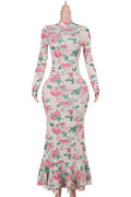 Glorol - Bodycon Long Sleeve Print Zipper Maxi Dress