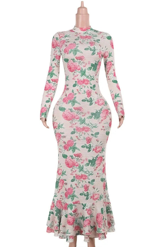 Glorol - Bodycon Long Sleeve Print Zipper Maxi Dress