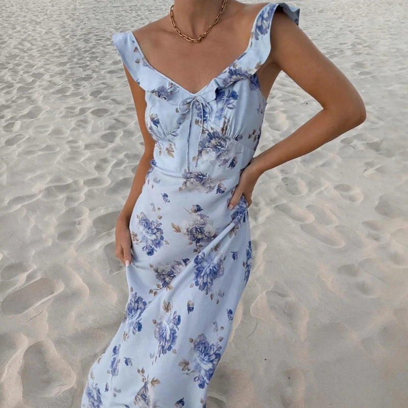 Glorol - Printed V-Neck Sleeveless Slim Maxi Dress