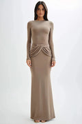 Glorol - Diagonal Collar Long Sleeve High Waist Bodycon Maxi Dress
