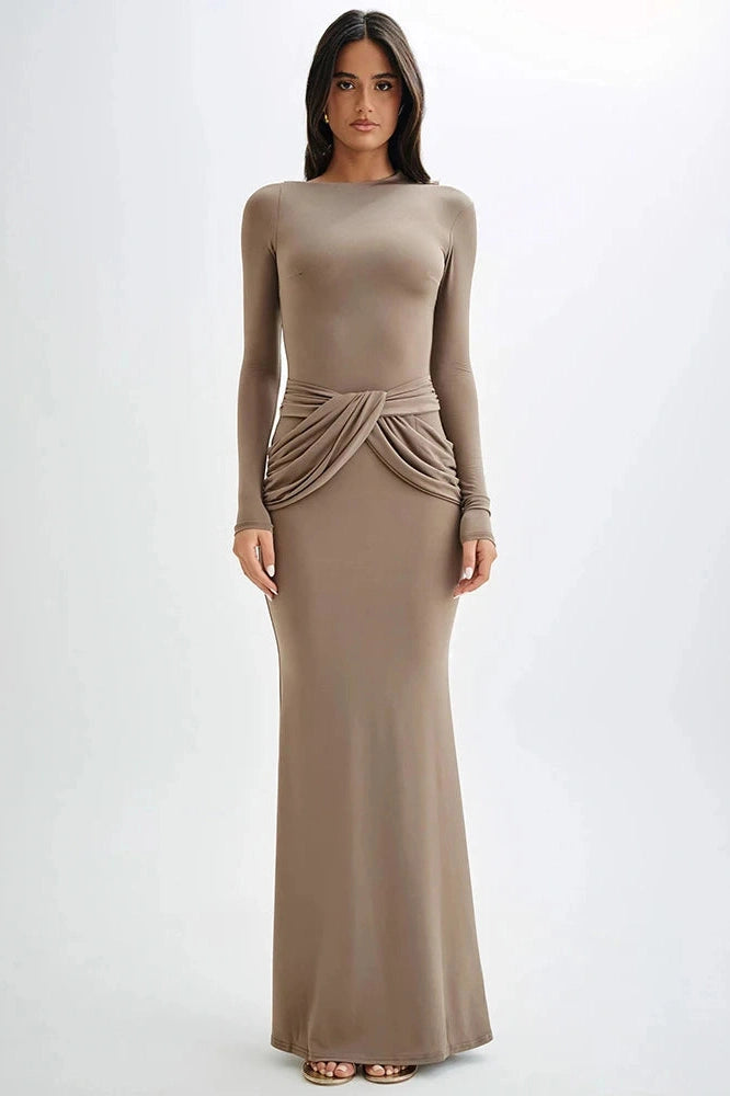 Glorol - Diagonal Collar Long Sleeve High Waist Bodycon Maxi Dress