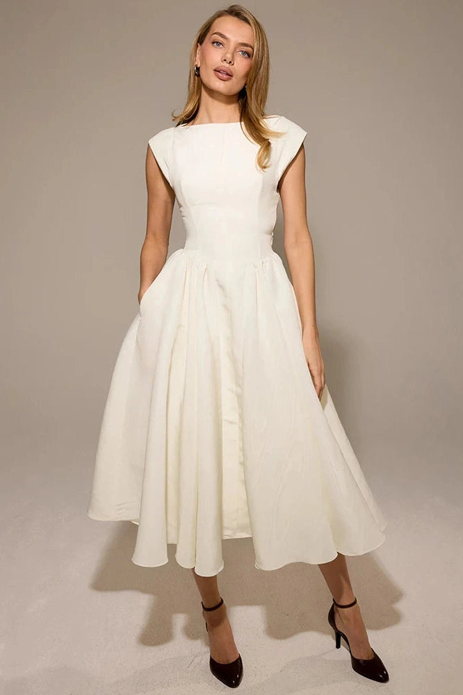 Glorol - Hollow Out Backless Sleeveless High Waist Pleated A-line Midi Dress