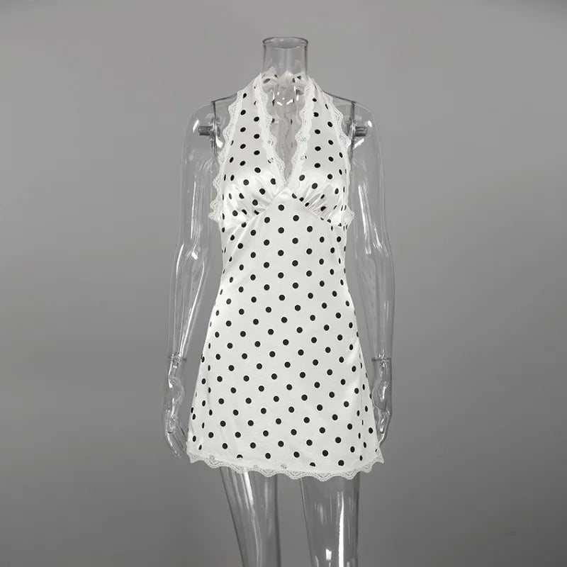 Glorol - Lace-Up Polka Dot V-Neck Patchwork Backless Mini Dress