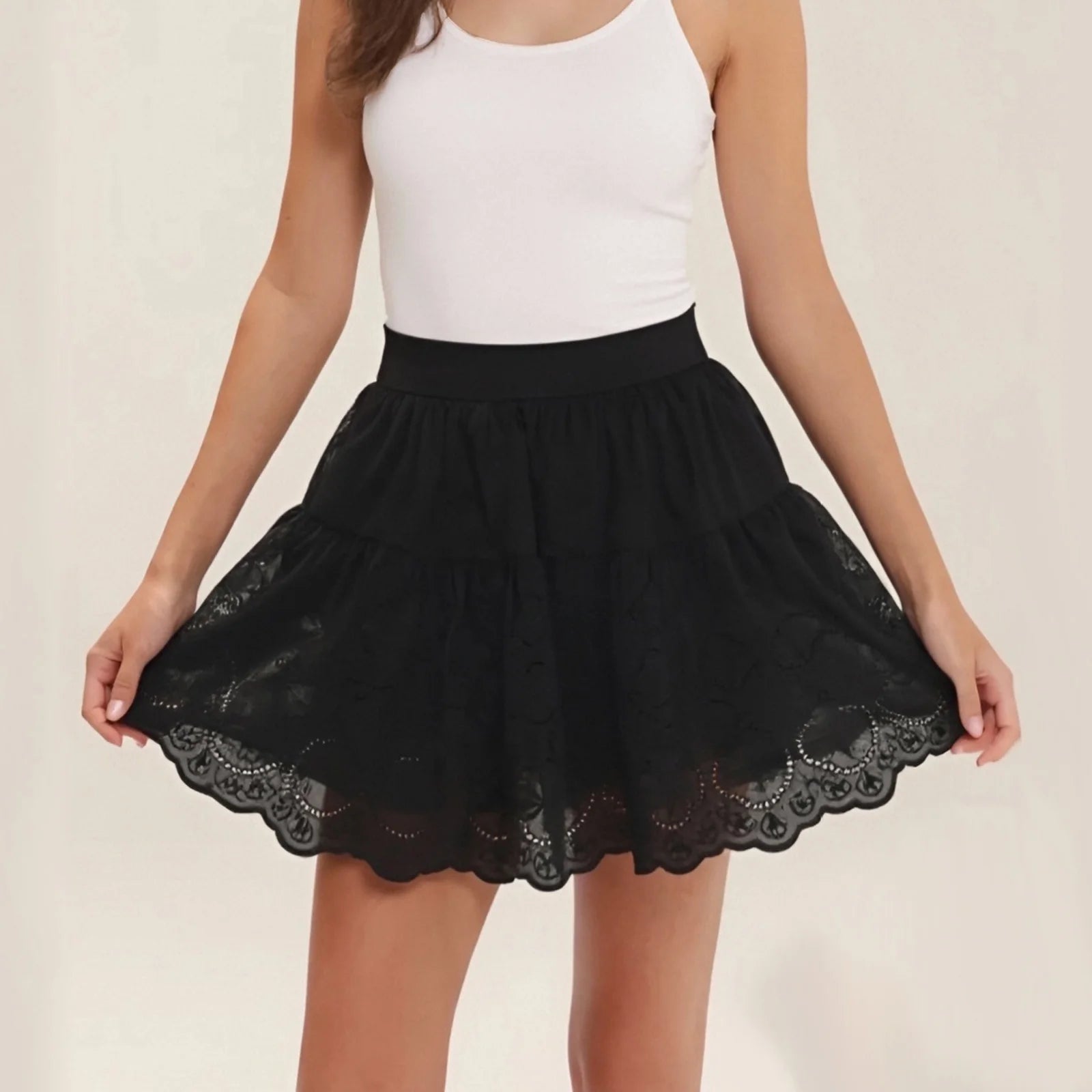Glorol - Elastic Waist A-Line Eyelet Ruffle Skirt