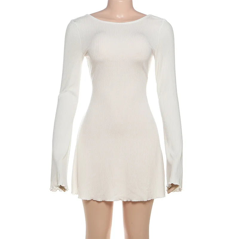 Glorol - Backless Knitted Long-Sleeved Round Neck Mini Dress
