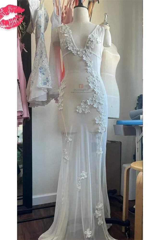 Glorol - See-Through Slim High Split Backless V-Neck Maxi Dress