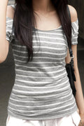 Glorol - Off-Shoulder Short Sleeve Print Slim Top