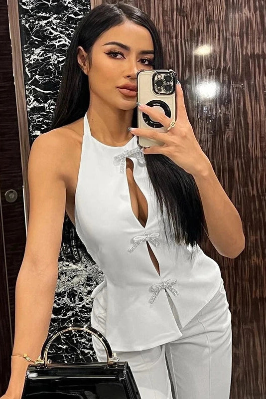 Glorol - Lace-Up Sleeveless Strapless Slim Top