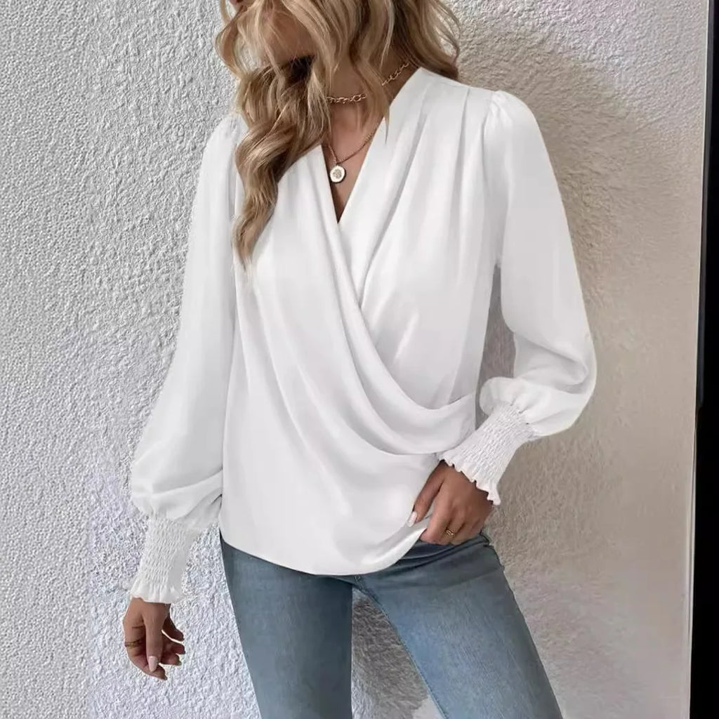Glorol - Elegant V-Neck Lantern Sleeve Top
