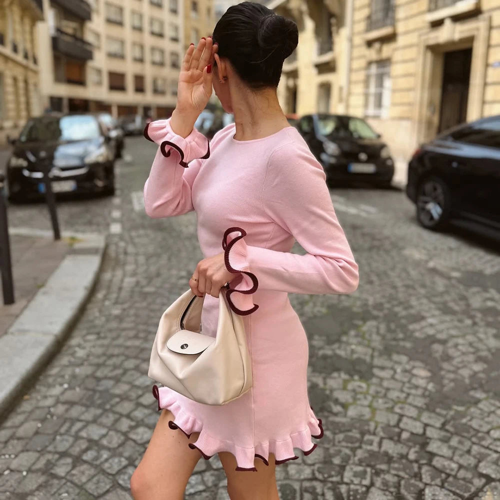Glorol - Knitted O-Neck Long Sleeve Slim Mini Dress