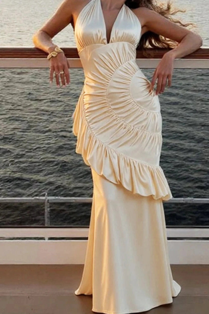Glorol - Elegant Backless Off-Shoulder Fit High Waist Pleated Irregular Maxi Dress