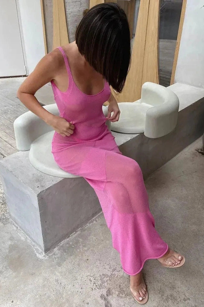 Glorol - Backless Patchwork See-Through Maxi Dress