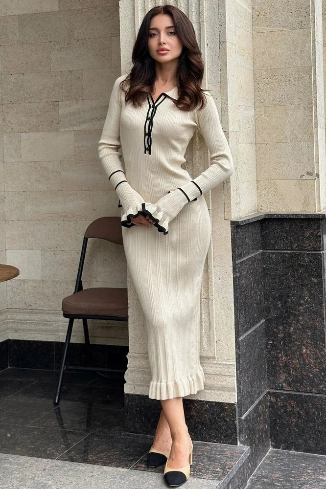 Glorol - Patchwork Knit Long Sleeve Slim Midi Dress