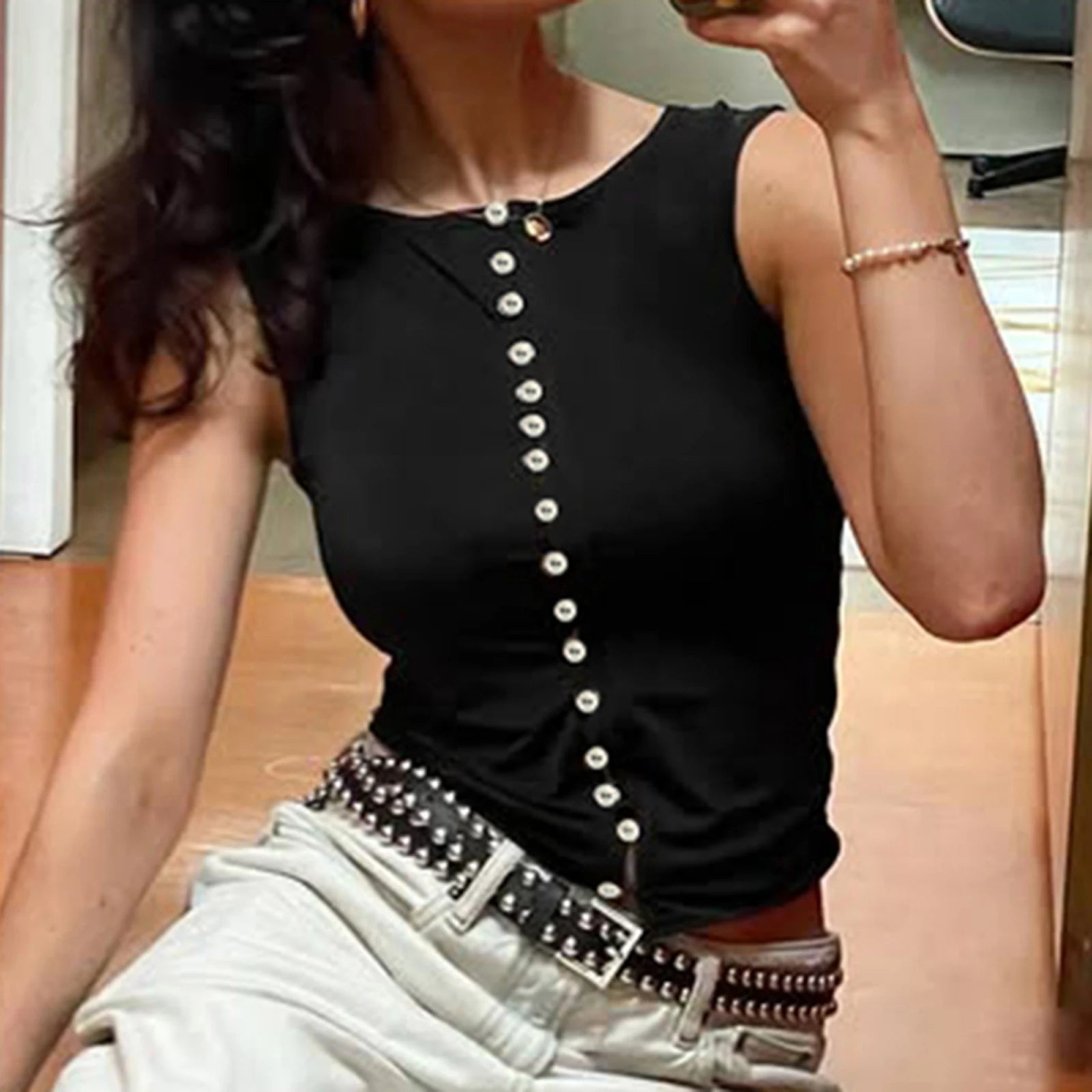 Glorol - Sleeveless Round Neck Slim Fit Top