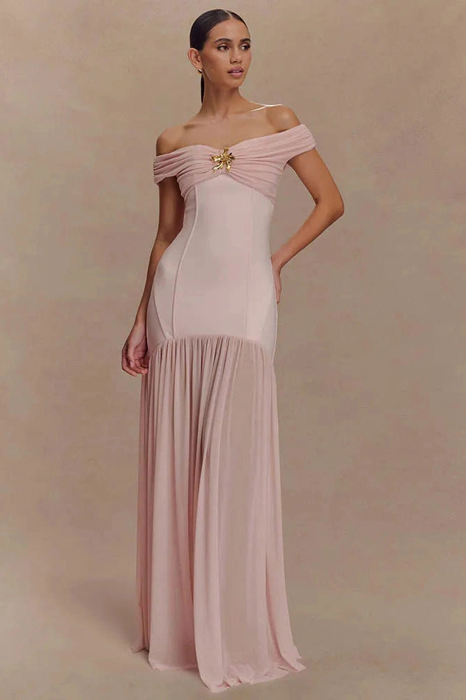 Glorol - Off-Shoulder Backless Patchwork Sleeveless Pleated Maxi Dress