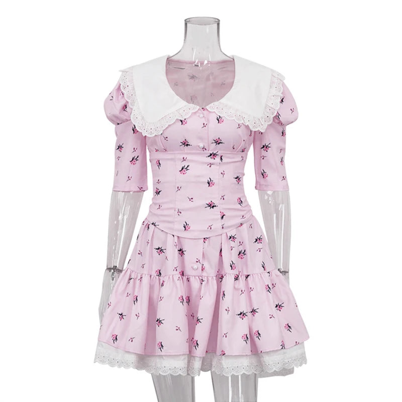 Glorol - Short Sleeve Lace High Waist Mini Dress
