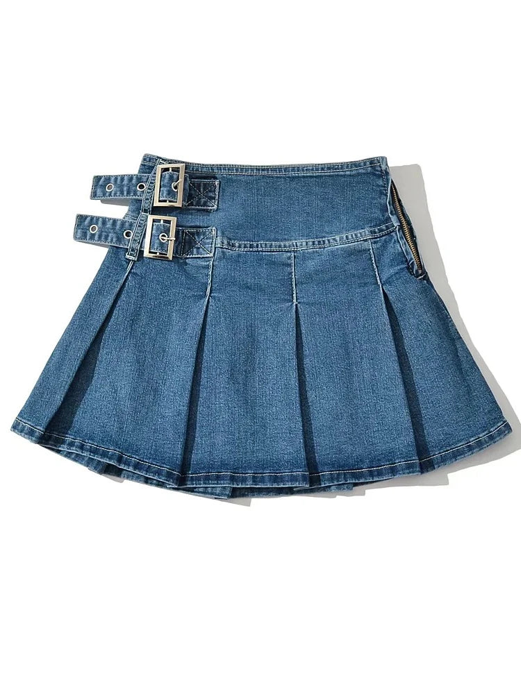 Glorol - Pleats Belt High Street Jeans Skirt