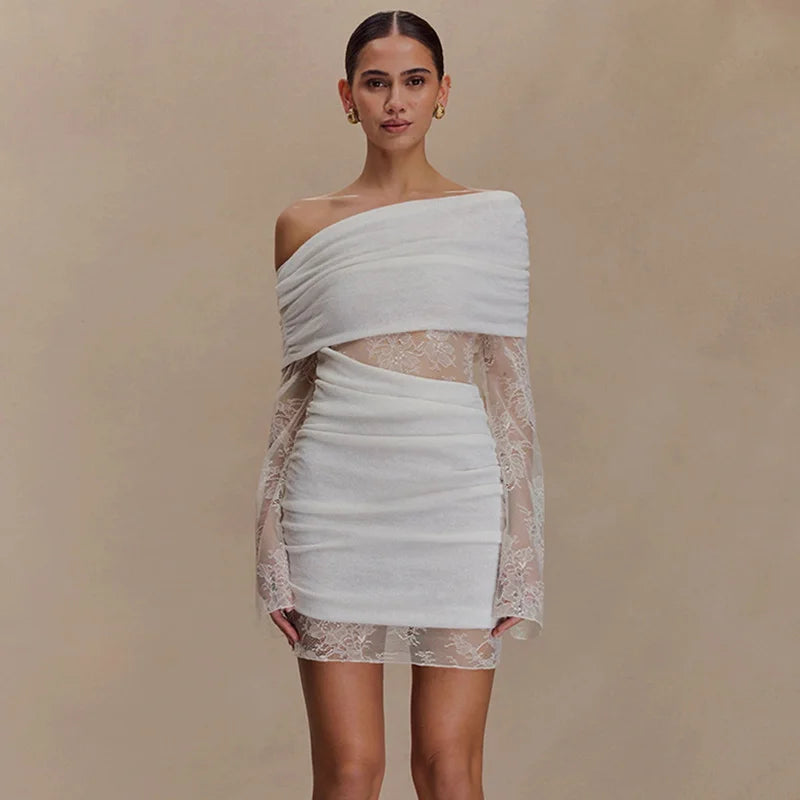 Glorol - Lace Patchwork Slash Neck Off-Shoulder Mini Dress