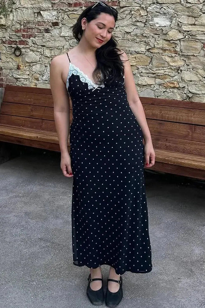 Lace V-Neck Patchwork High Waist Slim Maxi Dress