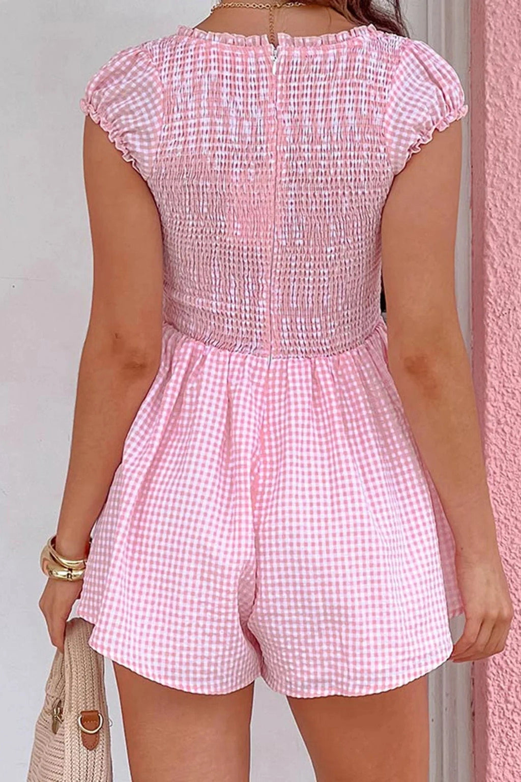 Glorol - Loose Plaid Short Sleeve Jumpsuit