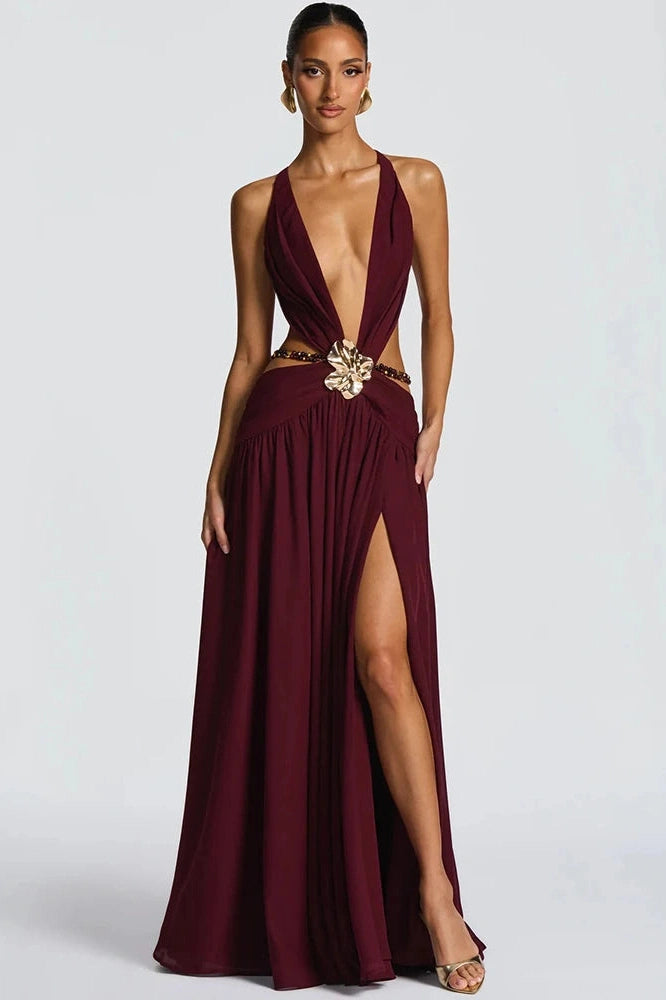 Glorol - Hollow Out Deep V Neck Sleeveless Backless High Split Maxi Dress