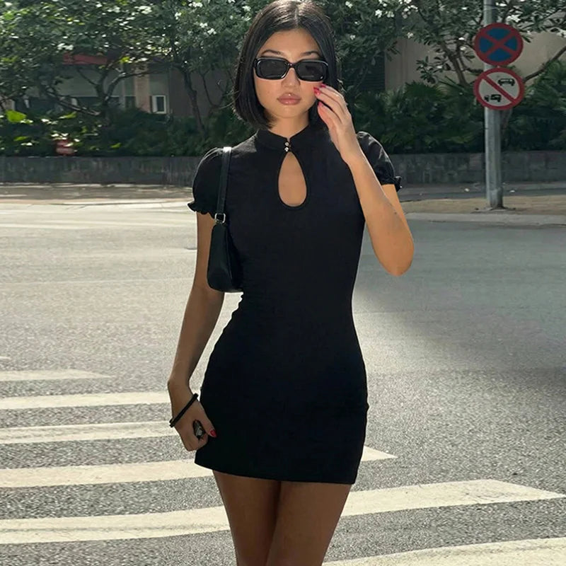 Glorol - Hollow Out Patchwork Short Sleeve Mini Dress