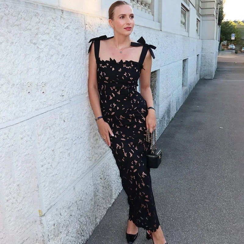 Glorol - Patchwork Lace-Up Backless Maxi Dress