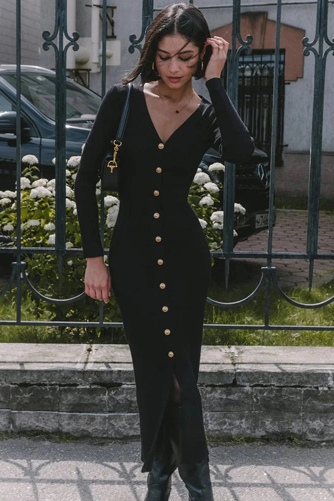 Glorol - Elegant Long Sleeve Knitted Slim Midi Dress