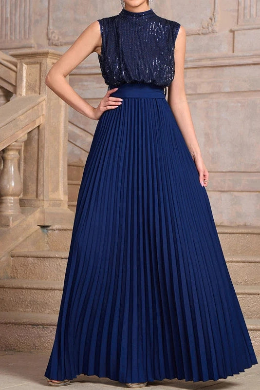 Glorol - Sleeveless Pleated High Waist O-Neck Maxi Dress