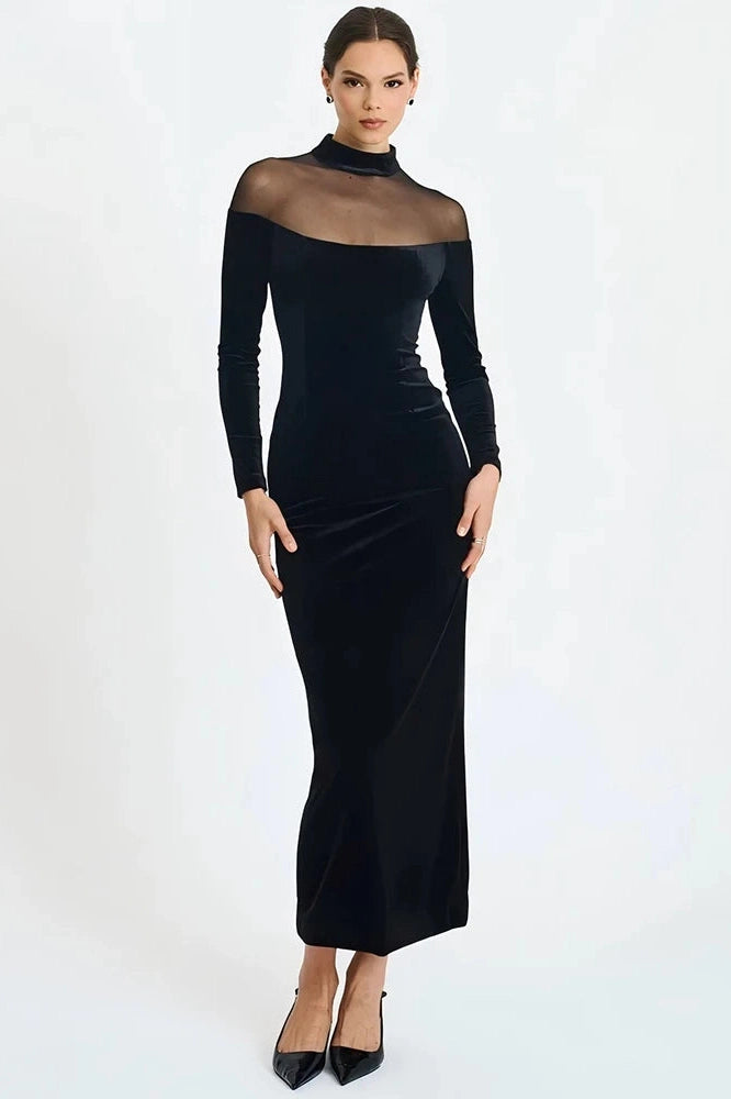 Glorol - Off-Shoulder Long Sleeve High Collar Backless Bodycon Maxi Dress