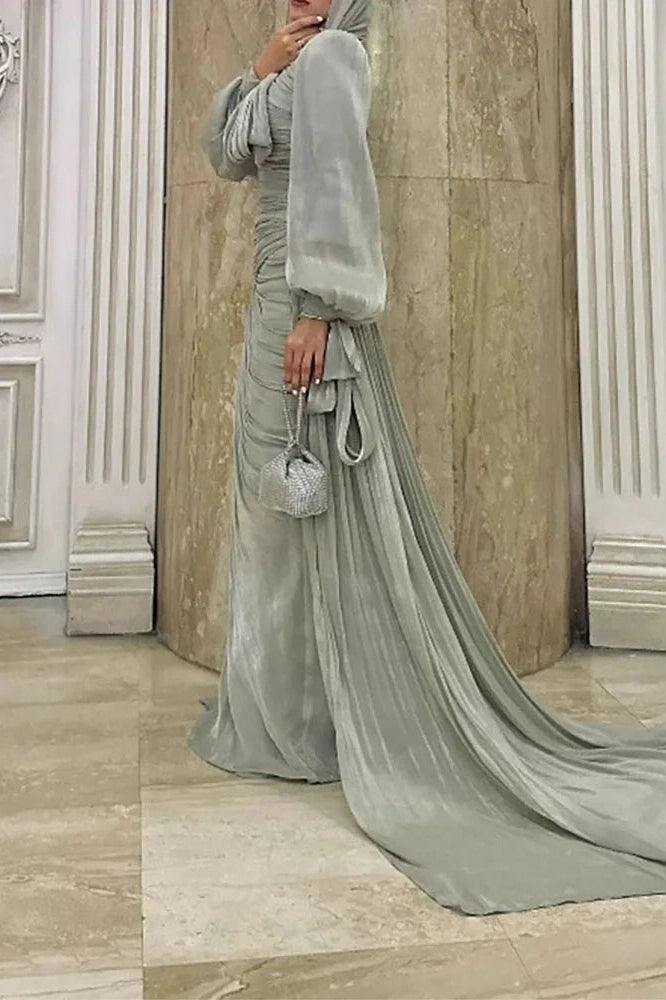 Glorol - Elegant Long Sleeve High Waist Pleated Slim Maxi Dress