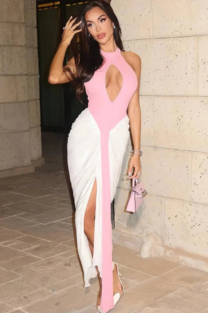 Glorol - Backless Patchwork Off-Shoulder Sleeveless Split Maxi Dress